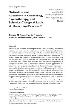 [Article] Motivation and Autonomy in Counseling, Psychotherapy, and Behavior Change: A Look at Theory and Practice